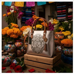 Sugar Skull Rose Gold Embossed Tooled Artisan Bag Purse Tote Bolsa Artesana